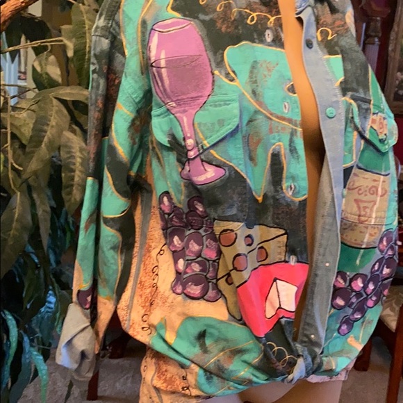 Hand painted Napa wine and cheese denim button down top - Picture 2 of 6